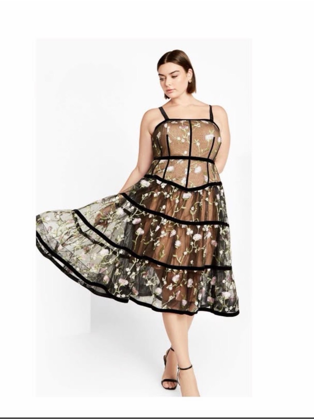 City Chic Size 18 Black Tiered Floral Embroidered Midi Dress